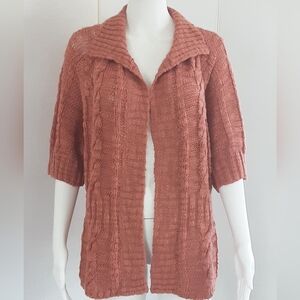 CHICO'S Peach Short Sleeve Cable Open Front Collared Cardigan Sz 3 - US 16